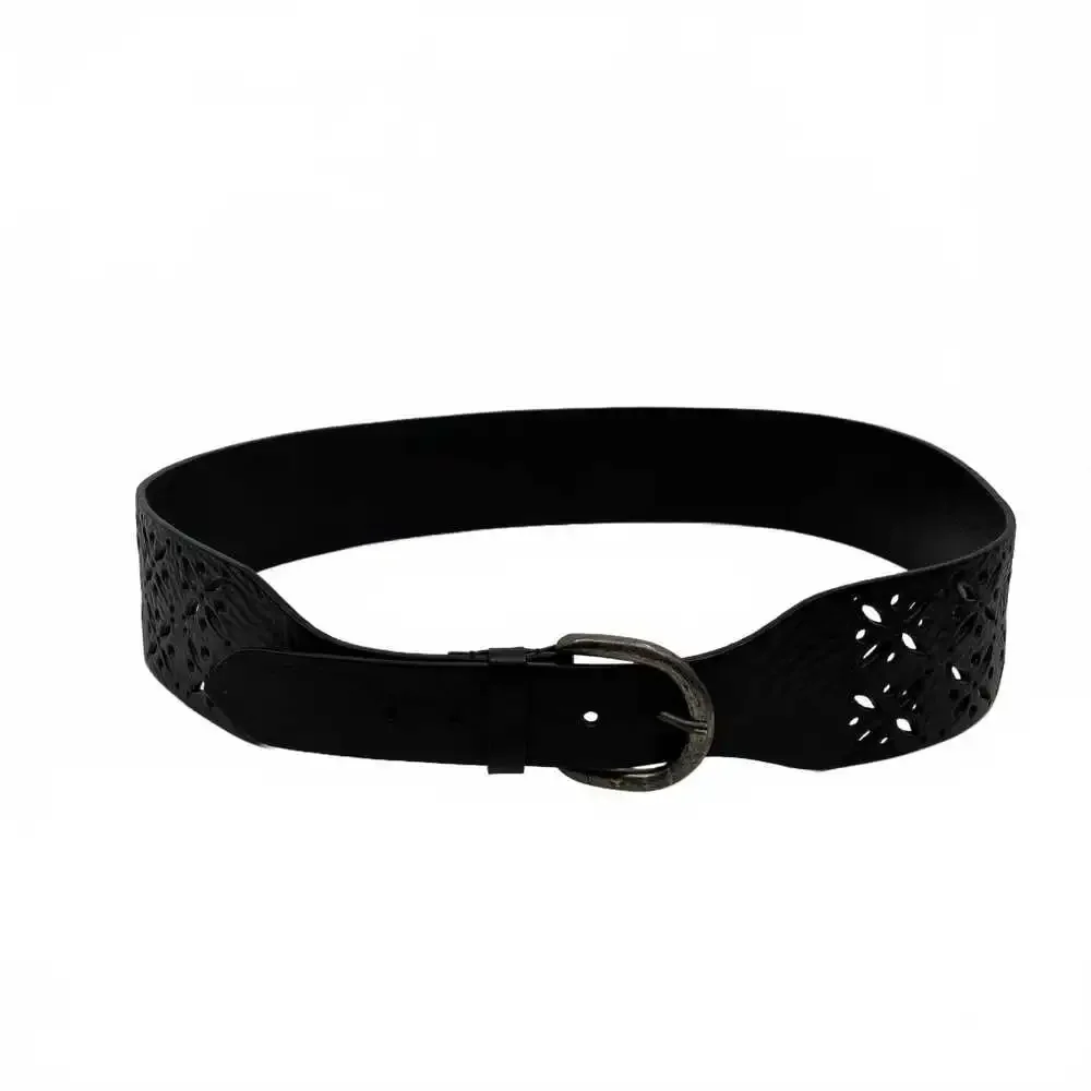 Garnet Hill Black Leather Belt | Women’s Boho Laser Cut-Out, Size L